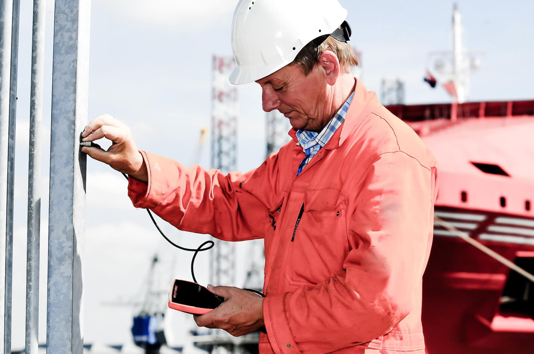 Inspektor prüft die Beschichtung einer Stahlkonstruktion im Hafen